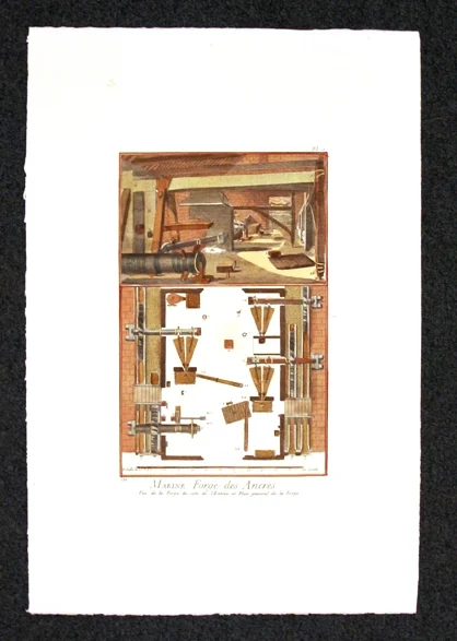 marine, forge des ancres – vue de la forge du cote de l’entree, et plan general de la forge - Arredamento marinaresco