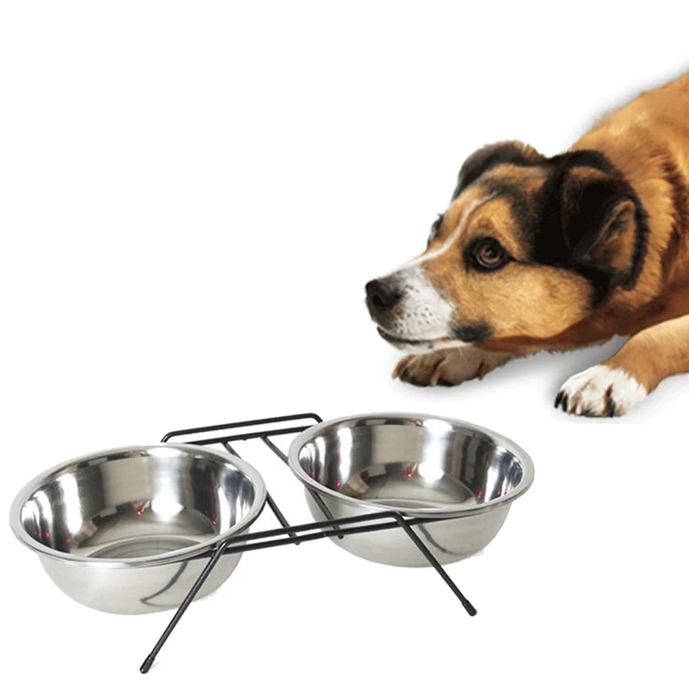 CIOTOLA DOPPIA RIALZATA PER CANI 2 PER 14CM CON SUPPORTO CIBO ACQUA IN METALLO - TrAdE Shop Traesio