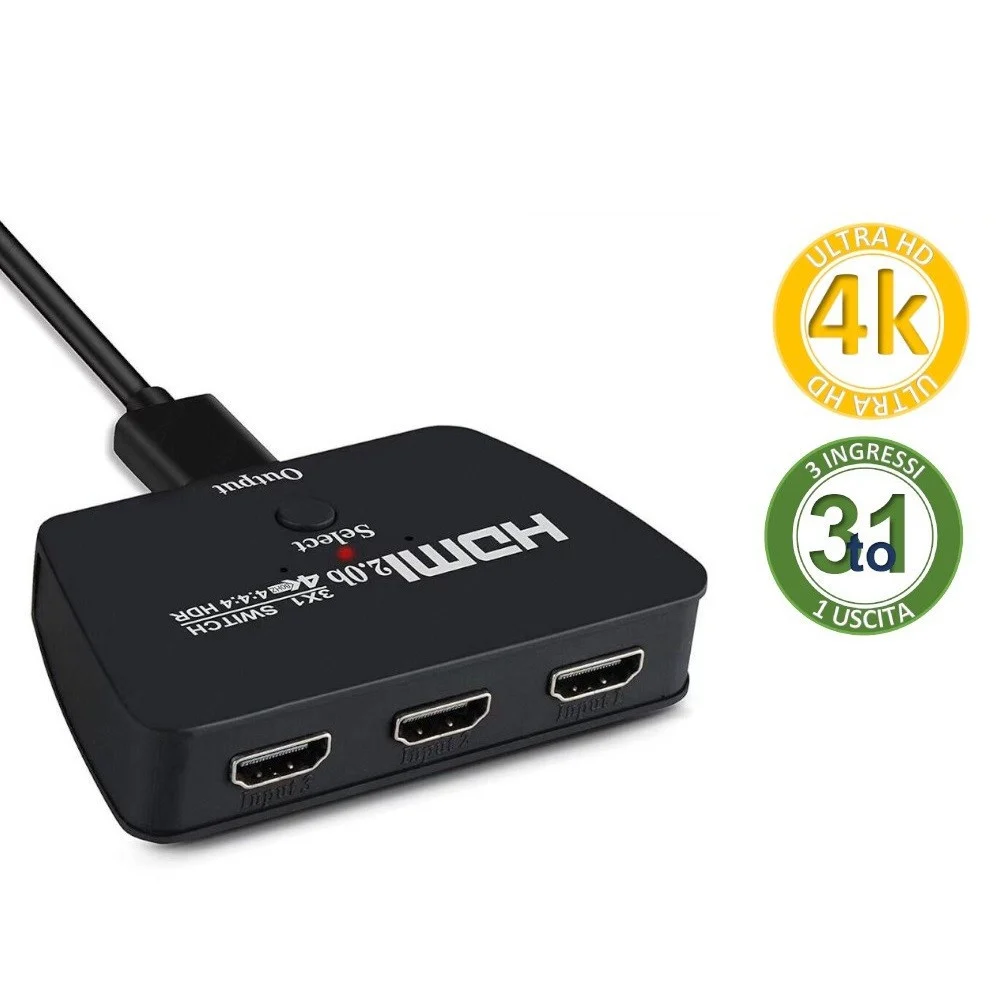 COMMUTATORE SWITCH HDMI 3 INGRESSI 1 USCITA ULTRAHD 4K PULSANTE SELEZIONE Q-A137