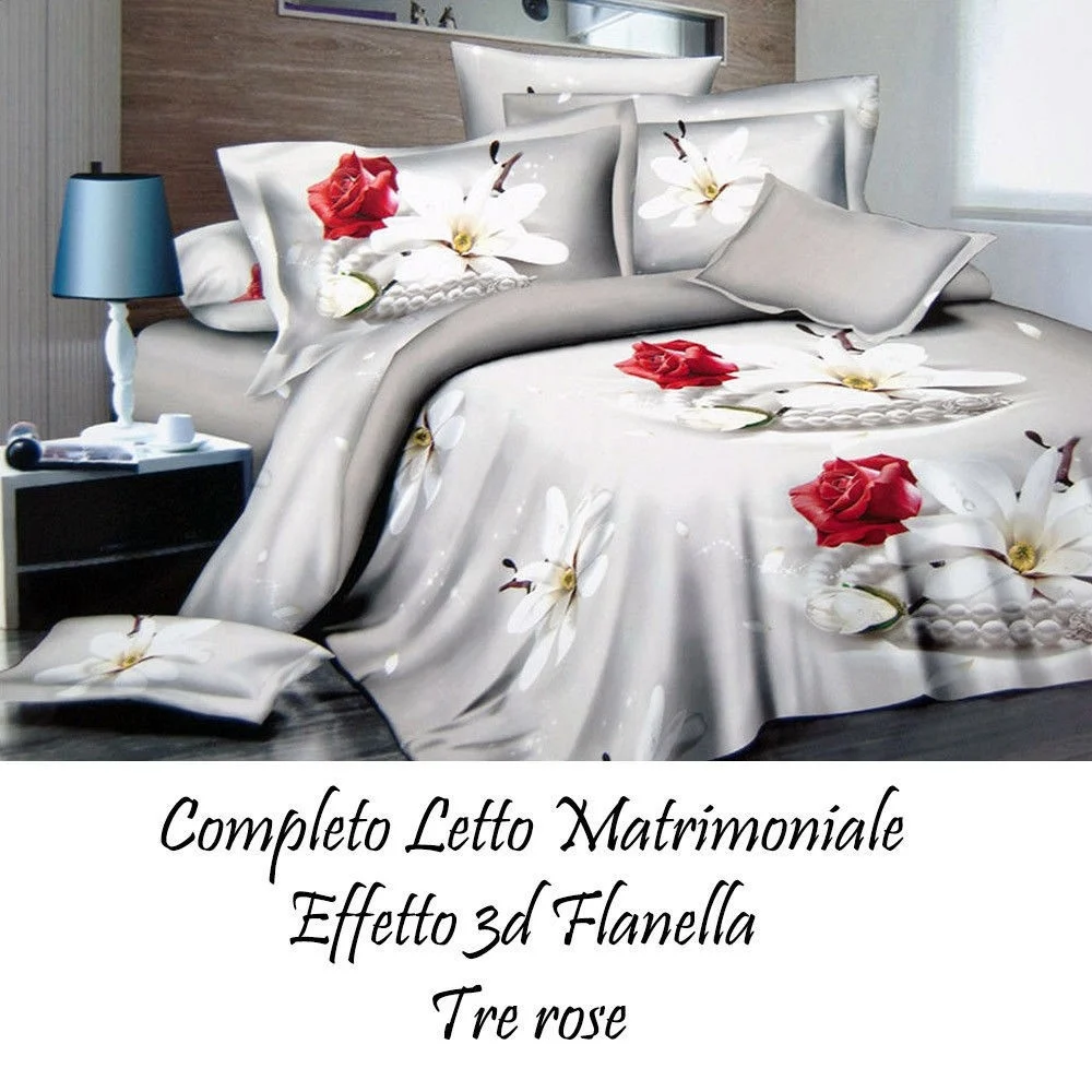COMPLETO DA LETTO IN FLANELLA EFFETTO 3D LENZUOLO CON FEDERE COPRICUSCINI ROSE - TrAdE Shop Traesio