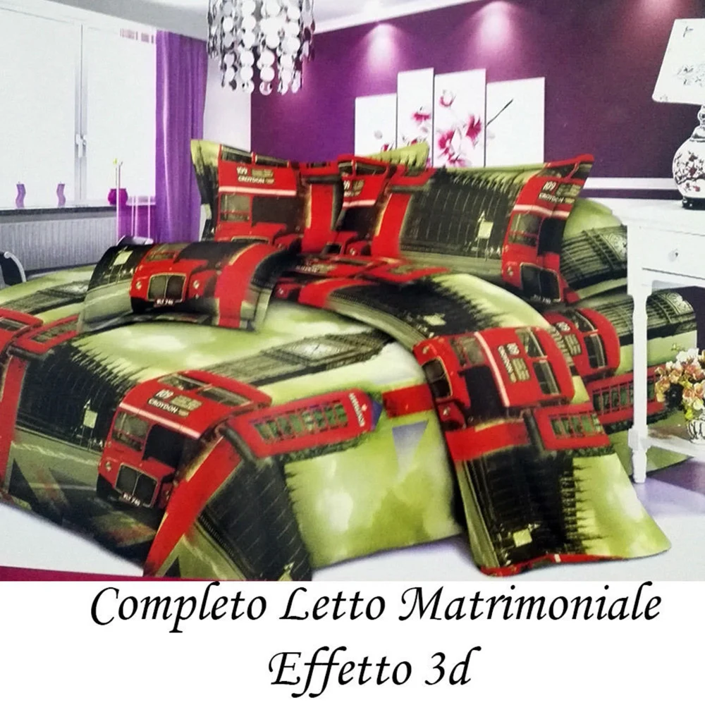 COMPLETO LETTO 3D LENZUOLA MATRIMONIALE SOTTO SOPRA COPRI CUSCINI BUS LONDINESE - TrAdE Shop Traesio