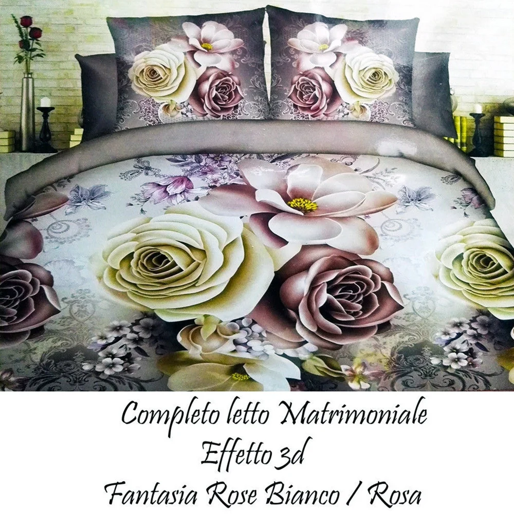COMPLETO LETTO 3D LENZUOLA MATRIMONIALE SOTTO SOPRA COPRICUSCINI ROSE COLORATE - TrAdE Shop Traesio