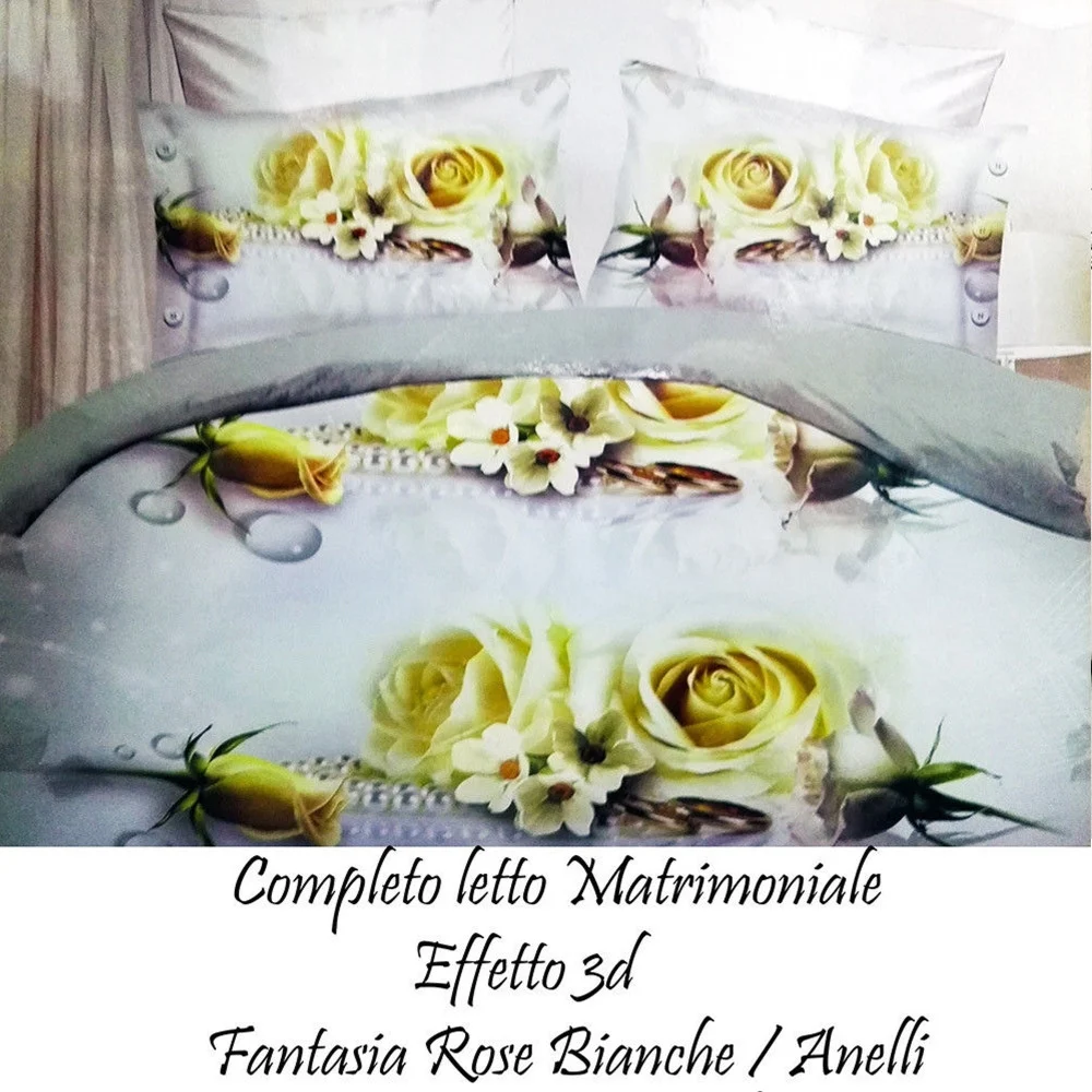 COMPLETO LETTO 3D LENZUOLA MATRIMONIALE SOTTO SOPRA COPRICUSCINI ROSE CON ANELLI - TrAdE Shop Traesio