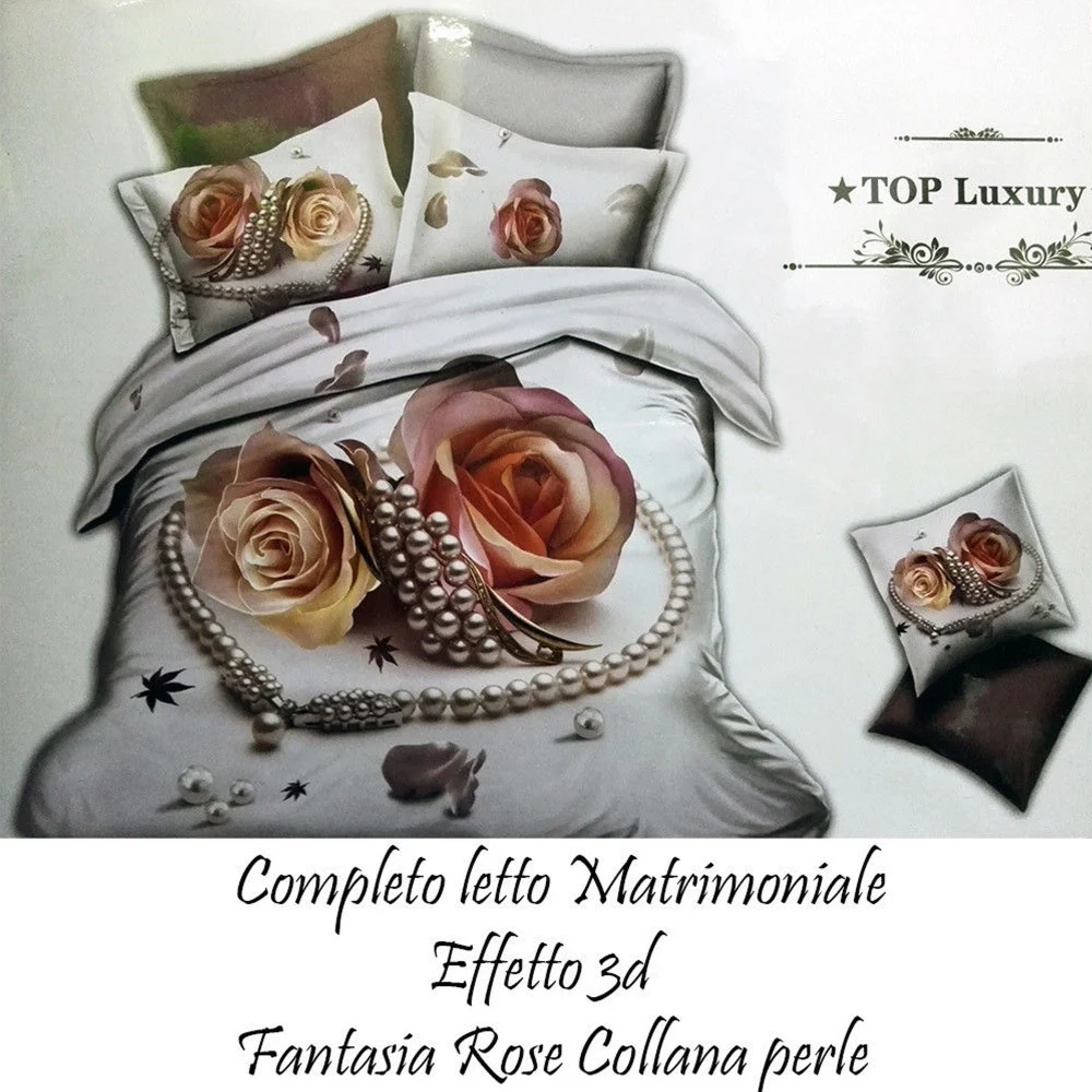 COMPLETO LETTO 3D LENZUOLA MATRIMONIALE SOTTO SOPRA COPRICUSCINI ROSE CON PERLE - TrAdE Shop Traesio