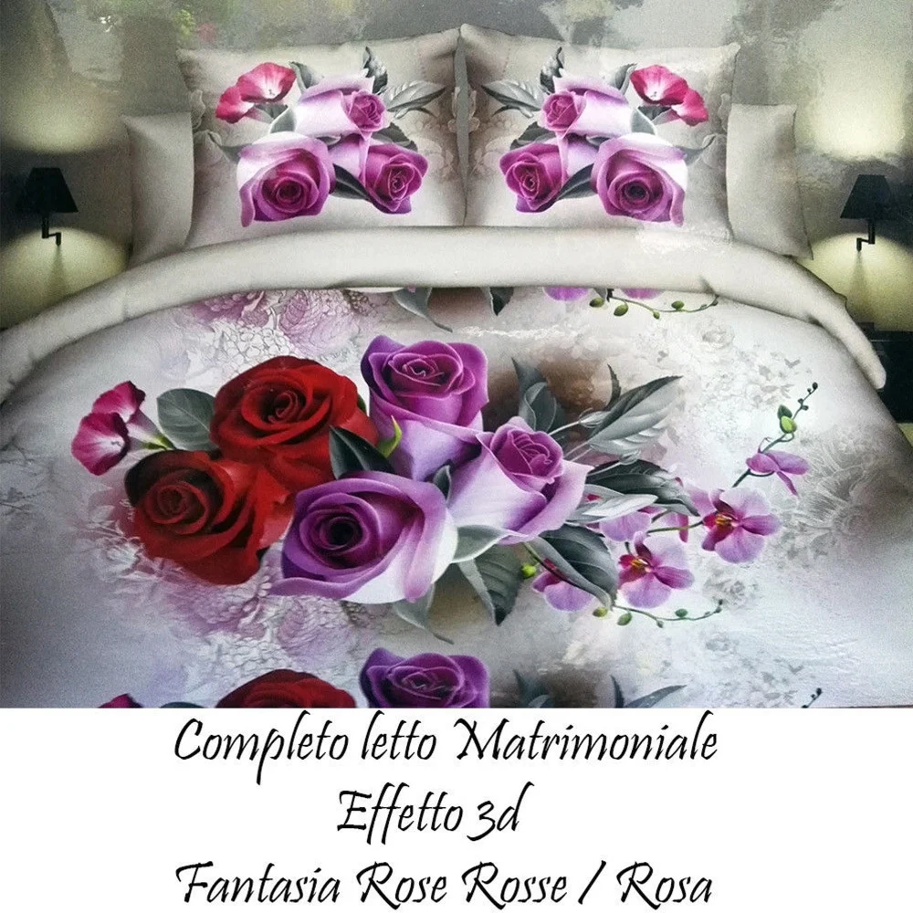 COMPLETO LETTO 3D LENZUOLA MATRIMONIALE SOTTO SOPRA COPRICUSCINI ROSE ROSSE - TrAdE Shop Traesio