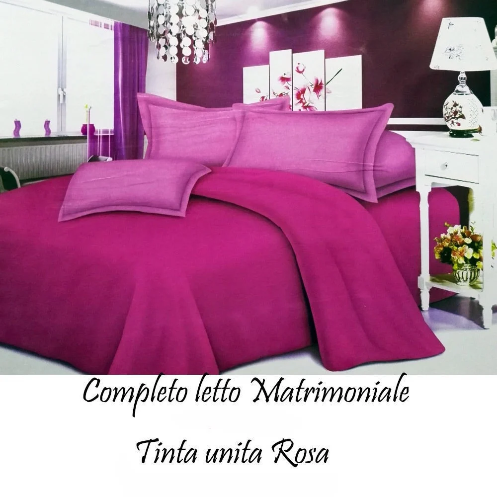 COMPLETO LETTO LENZUOLA MATRIMONIALE CON COPRI CUSCINI TINTA UNITA COLORE ROSA - TrAdE Shop Traesio