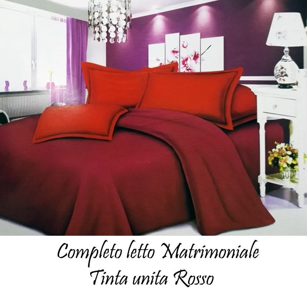 COMPLETO LETTO LENZUOLA MATRIMONIALE CON COPRI CUSCINI TINTA UNITA COLORE ROSSO - TrAdE Shop Traesio