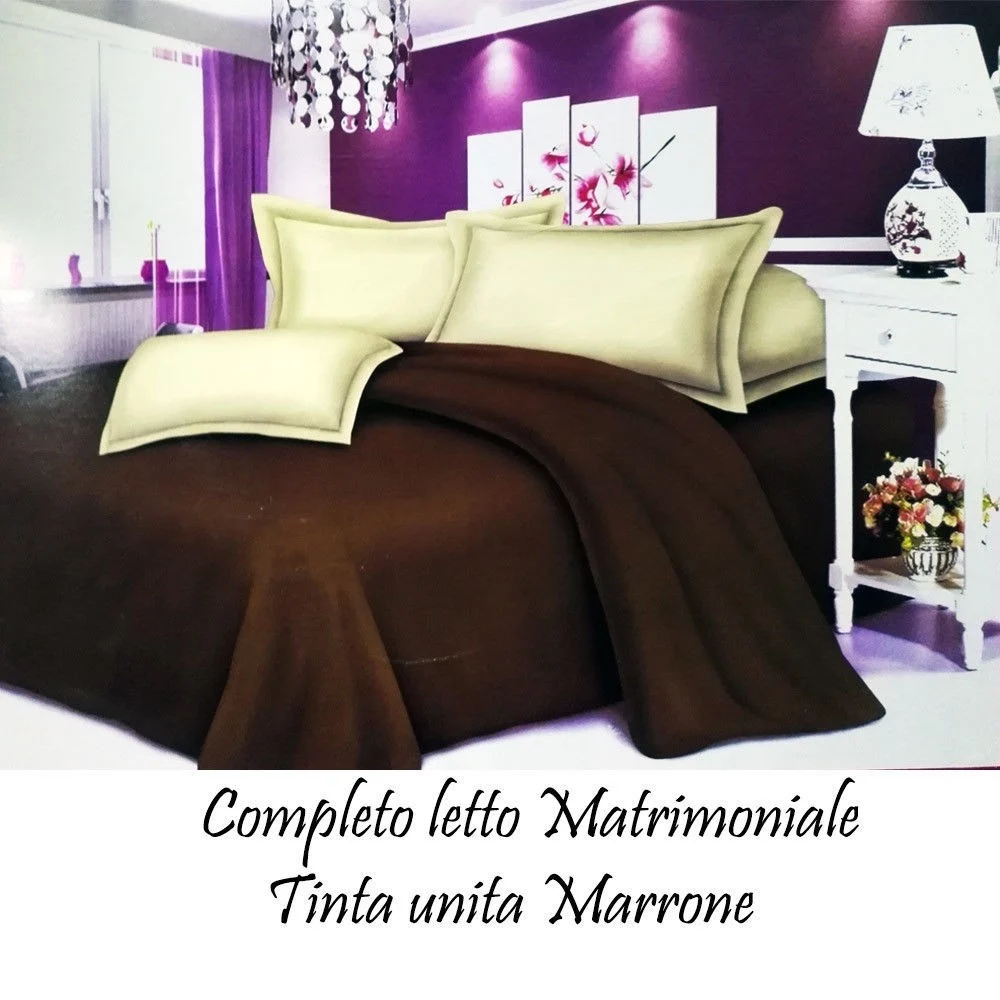 COMPLETO LETTO LENZUOLA MATRIMONIALE CON COPRI CUSCINI TINTA UNITA MARRONE - TrAdE Shop Traesio