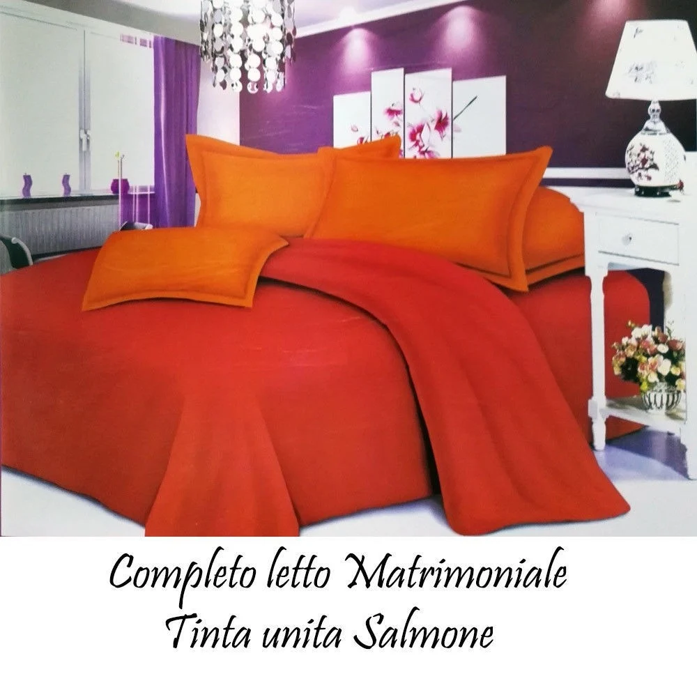 COMPLETO LETTO LENZUOLA MATRIMONIALE CON COPRICUSCINI TINTA UNITA COLORE SALMONE - TrAdE Shop Traesio