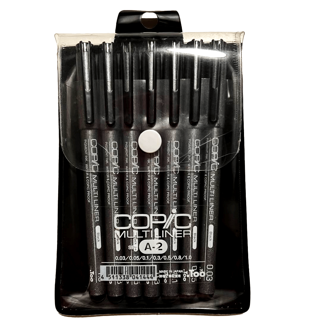 Copic Multiliner Waterproof Pigment Ink Pens Set A2, Pack of 7, Black Ink (MLA2)