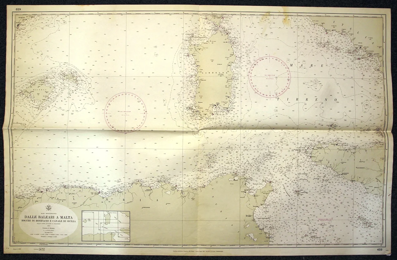 dalle baleari a malta – bocche di bonifacio e canale di sicilia n. 433 (1969) - Carte nautiche, da pesca…