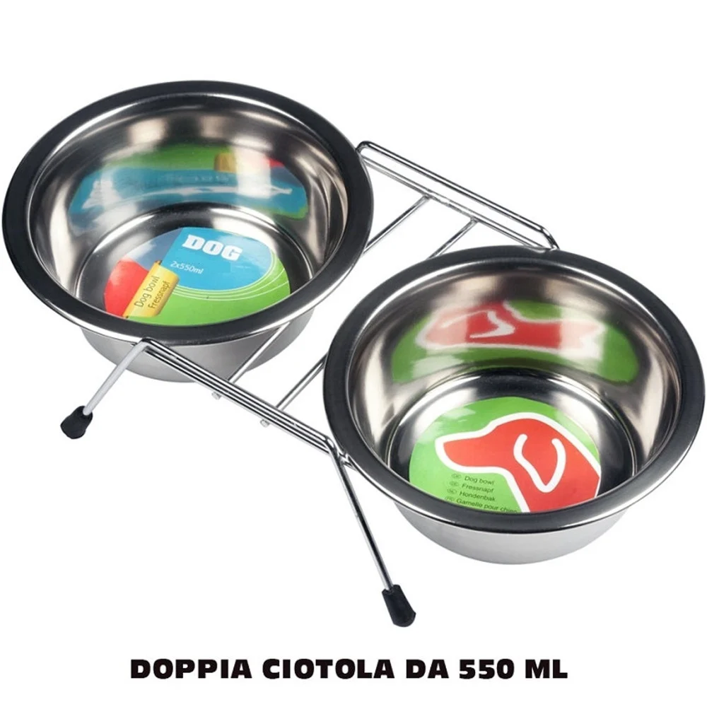 DOPPIA CIOTOLA CON SUPPORTO PER CANI 2X550ML PER CIBO ACQUA CROCCHETTE ACCIAIO - TrAdE Shop Traesio