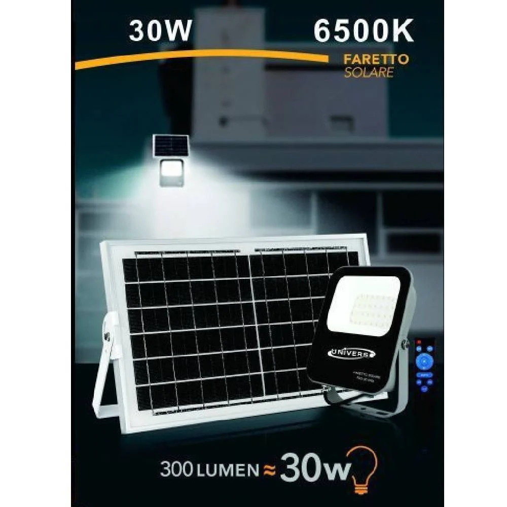 FARETTO FARO LED SOLARE 30W CON TELECOMANDO IP65 LUCE BIANCO FREDDA 6500K FSO30W - TrAdE Shop Traesio