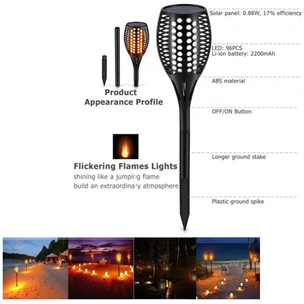 FARETTO LUCE SOLARE 96LED EFFETTO FIAMMA IMPERMEABILE IP65 ILLUMINAZIONE GIARDINO - TrAdE Shop Traesio