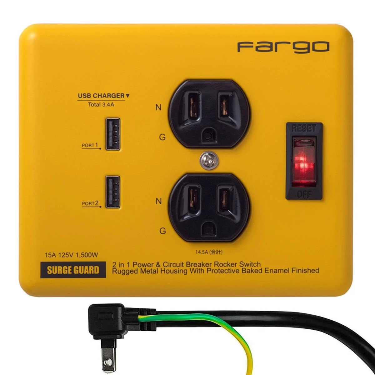 Fargo Striscia di Alimentazione USB 34A 2 Prese Protettore PT410YE Giallo 1450W
