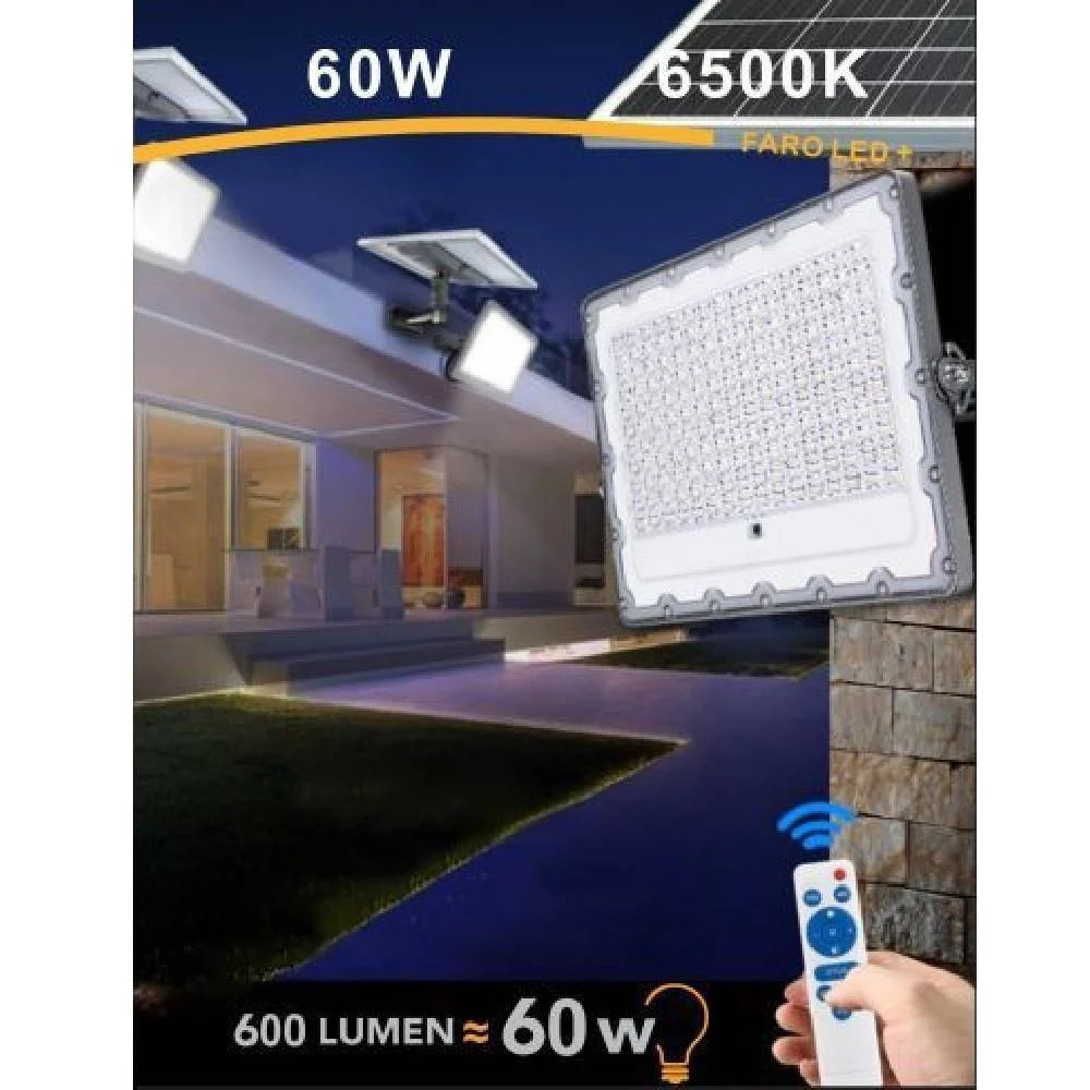 FARO LED SOLARE 60W CREPUSCOLARE PANNELLO ENERGIA SOLARE TELECOMANDO IP65 SL-60W