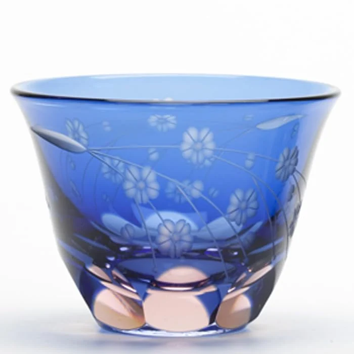 Garasu Kobo Bicchiere Edo Kiriko Sakura Blu Rosa 60ml - WAFUU JAPAN
