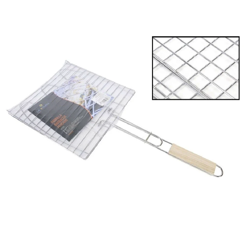 GRIGLIA QUADRA BARBECUE DOPPIA GRILL MANICO LEGNO GRATICOLA ARROSTO PESCE 28X28CM - TrAdE Shop Traesio