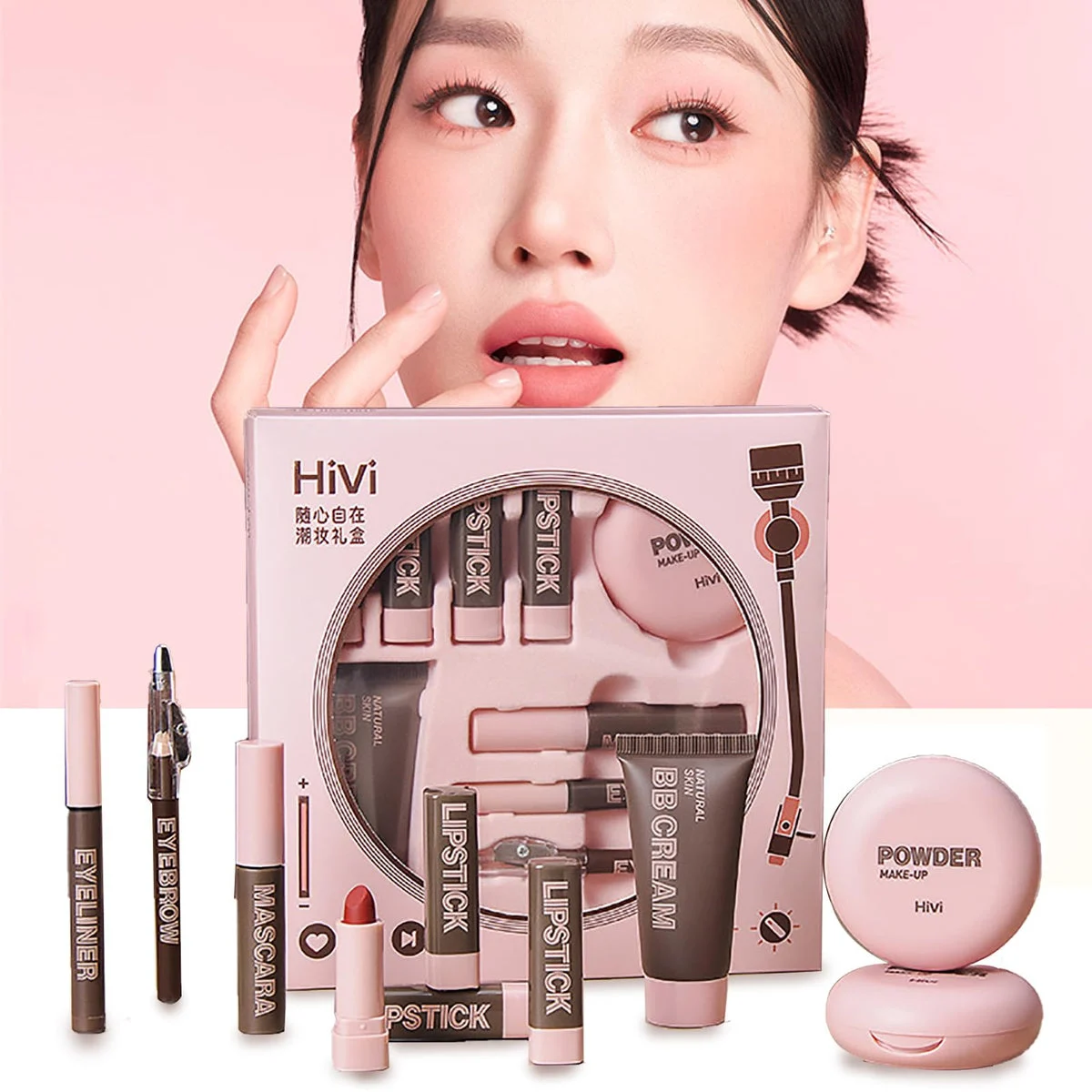 HiVi set trucco 9 pezzi con fondotinta cipria mascara e 4 rossetti