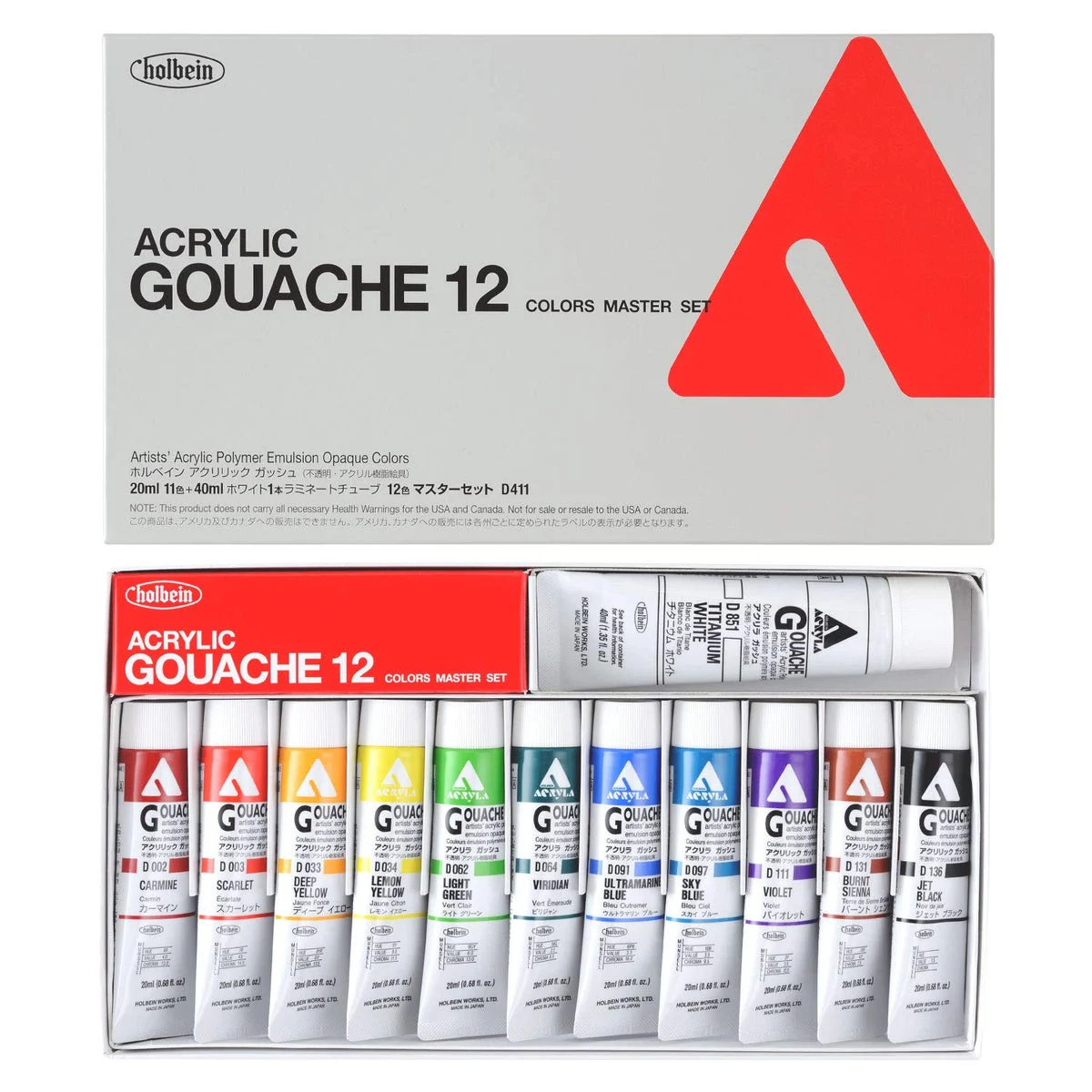Holbein Acrylic Gouache Master Set 12 Colors D411 20ml 40ml White