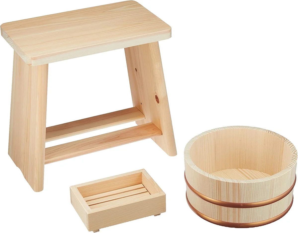 Hoshino Kogyo Set A 3-Piece Cypress Bath Chair Fir Hot Tub Soap Stand