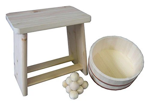 Hoshino Kogyo 3-Piece Bath Set Hinoki Cypress Bath Chair Tub Ball