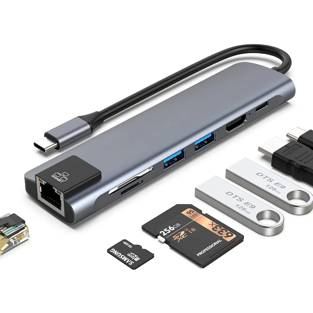 HUB TIPO C 7IN1 LAN 1000MBPS TYPE-C HDMI 2 USB SD MICRO-SD Q-HU99 LETTORE SCHEDE
