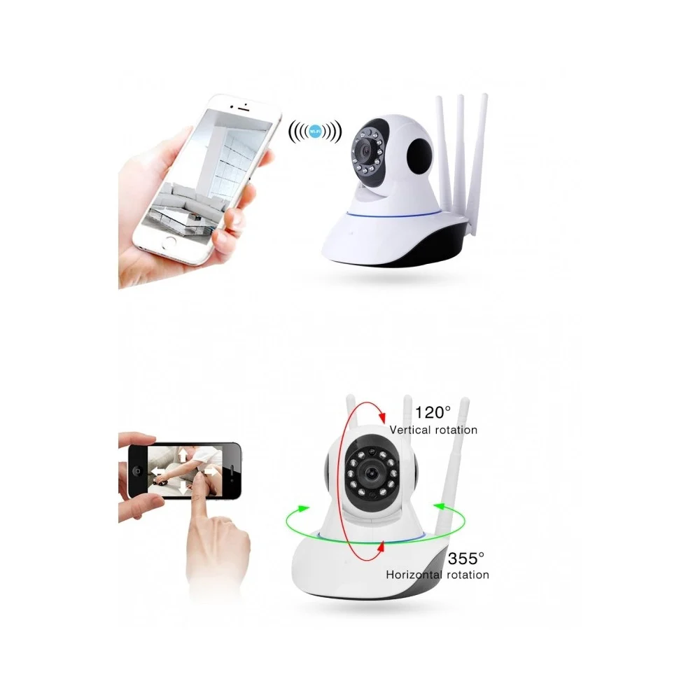 IP CAMERA TELECAMERA RISOLUZIONE 1080P HD 3 ANTENNE P3P ROTAZIONE WIFI WEB AUDIO - TrAdE Shop Traesio