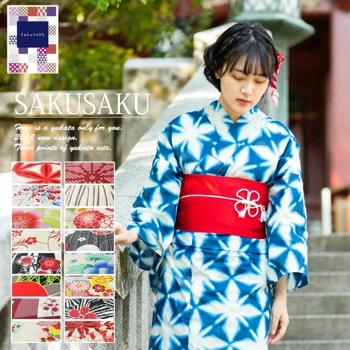 Japanese Women's Yukata Kimono Set with Obi Belt and Sandals - Blue