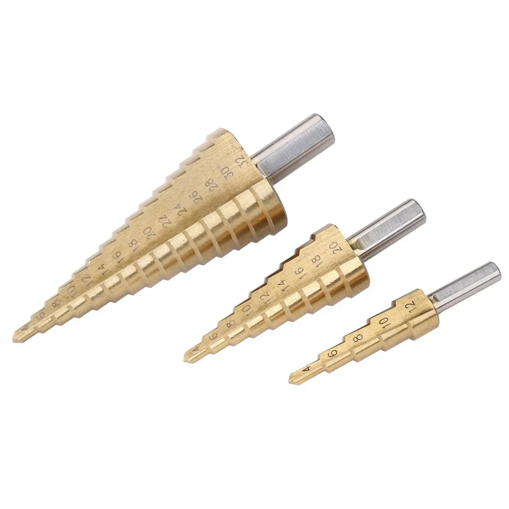 KIT 3 PUNTE FRESE CONICHE GRADINO 4-12 4-20 4-32 1/4 TITANIO TRAPANO AVVITATORE