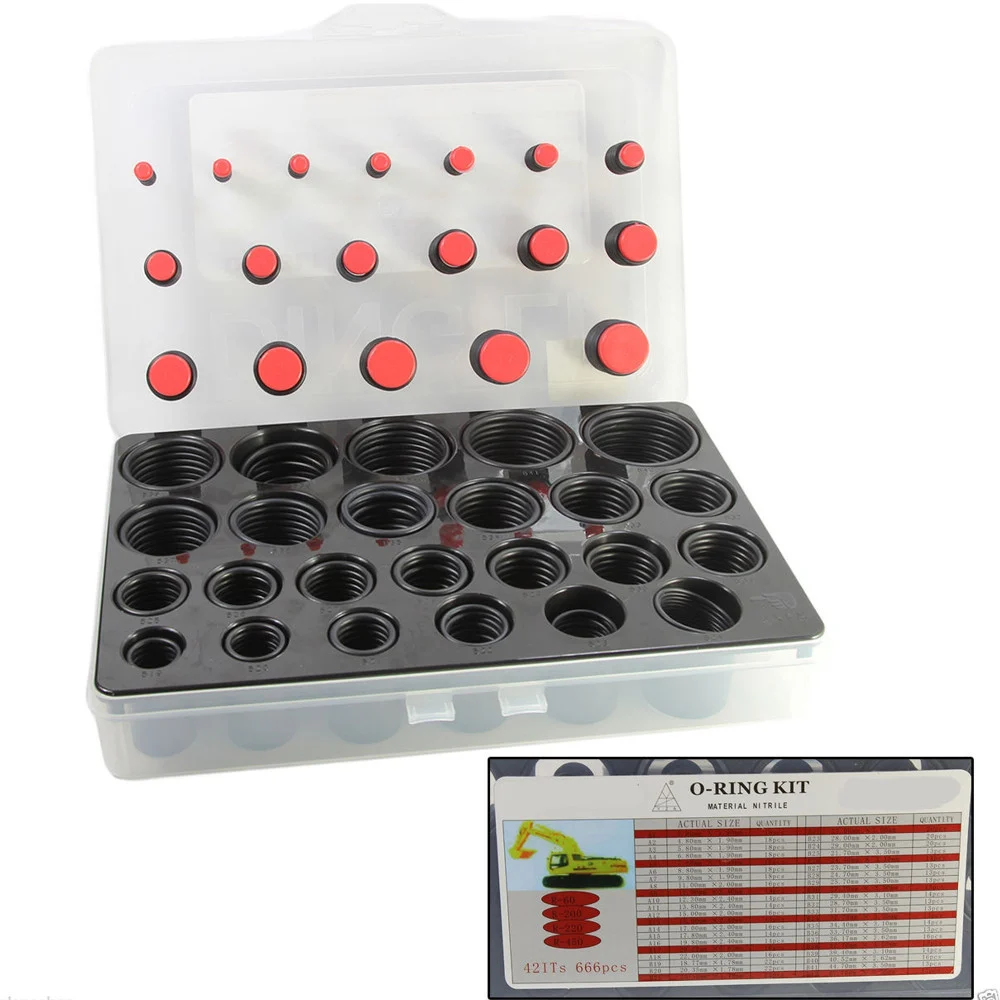 KIT 666 PZ GUARNIZIONI O'RING 42 MISURE DIVERSE ORING ANELLI GOMMINI NERI O-RING