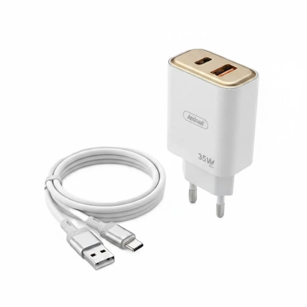 KIT CARICABATTERIE DA PARETE DOPPIA PORTA TYPE-C + USB DA 35W CON CAVO USB A TYPE-C Q-CD35