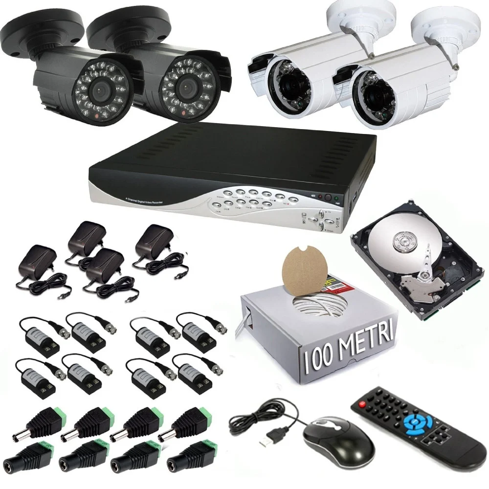 KIT DVR 4 TELECAMERA 700 TVL VIDEOSORVEGLIANZA LAN HD 500GB BALUN SMARTPHONE - TrAdE Shop Traesio