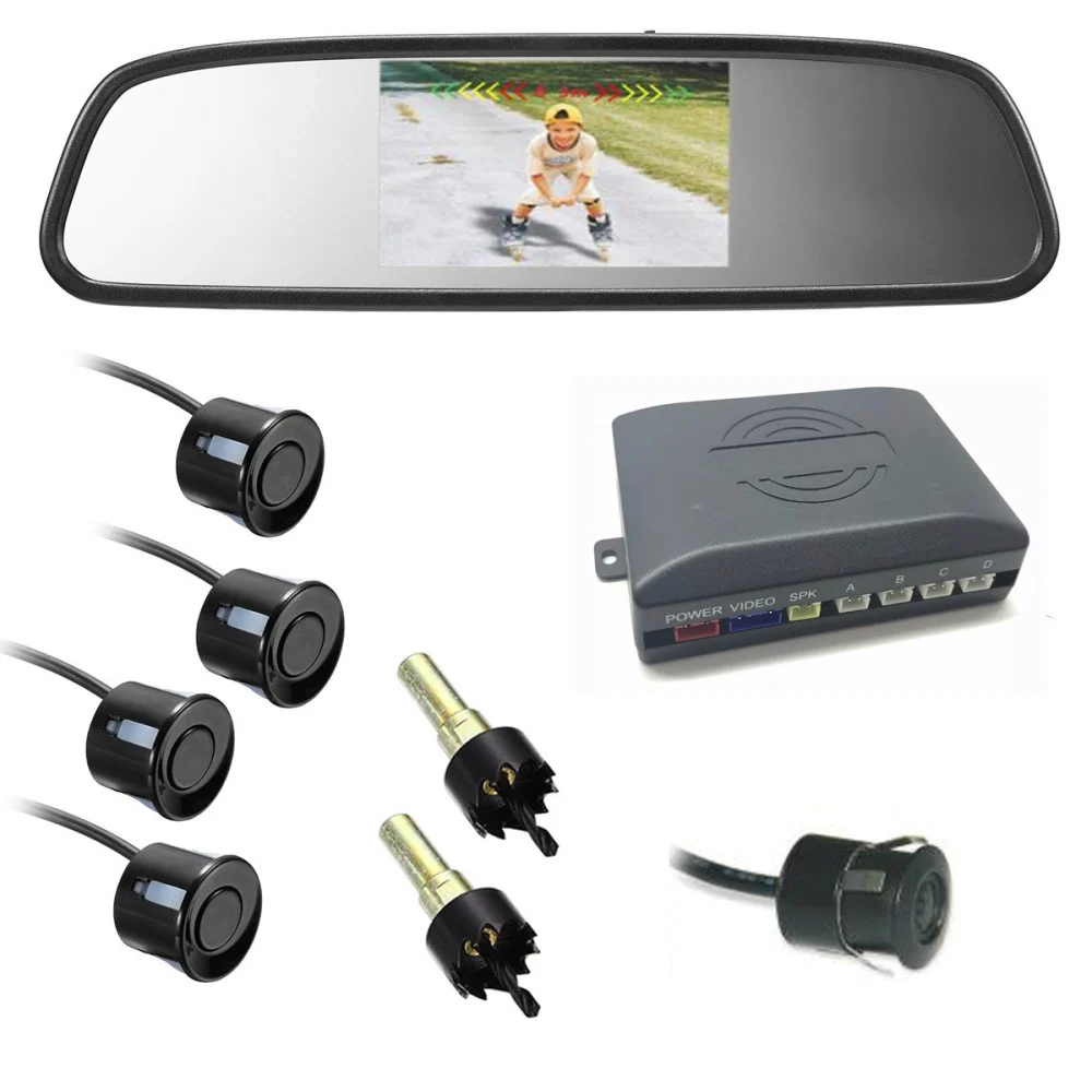 KIT PARCHEGGIO AUTO 4 SENSORI NERI TELECAMERA RETROMARCIA SPECCHIETTO MONITOR - TrAdE Shop Traesio