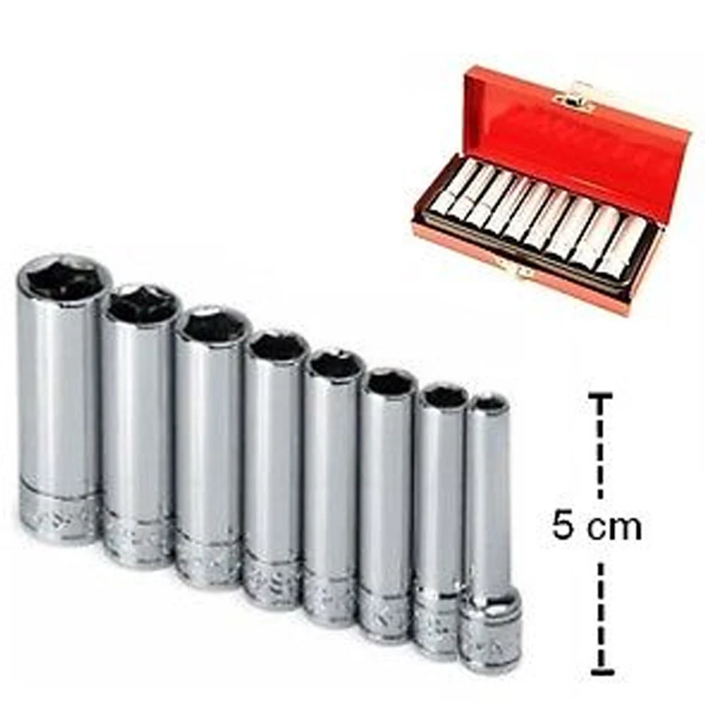 KIT SET 9 PZ CHIAVI BUSSOLA LUNGHE DA 1/4" PER CANDELETTE 5-13mm CHROME VANADIUM