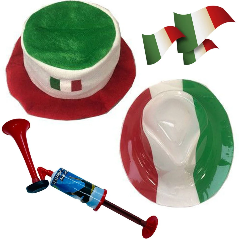 KIT SET COMPLETO TIFOSO ITALIA 2 CAPPELLO 1 TROMBETTA NO GAS 3 MINI BANDIERE - TrAdE Shop Traesio