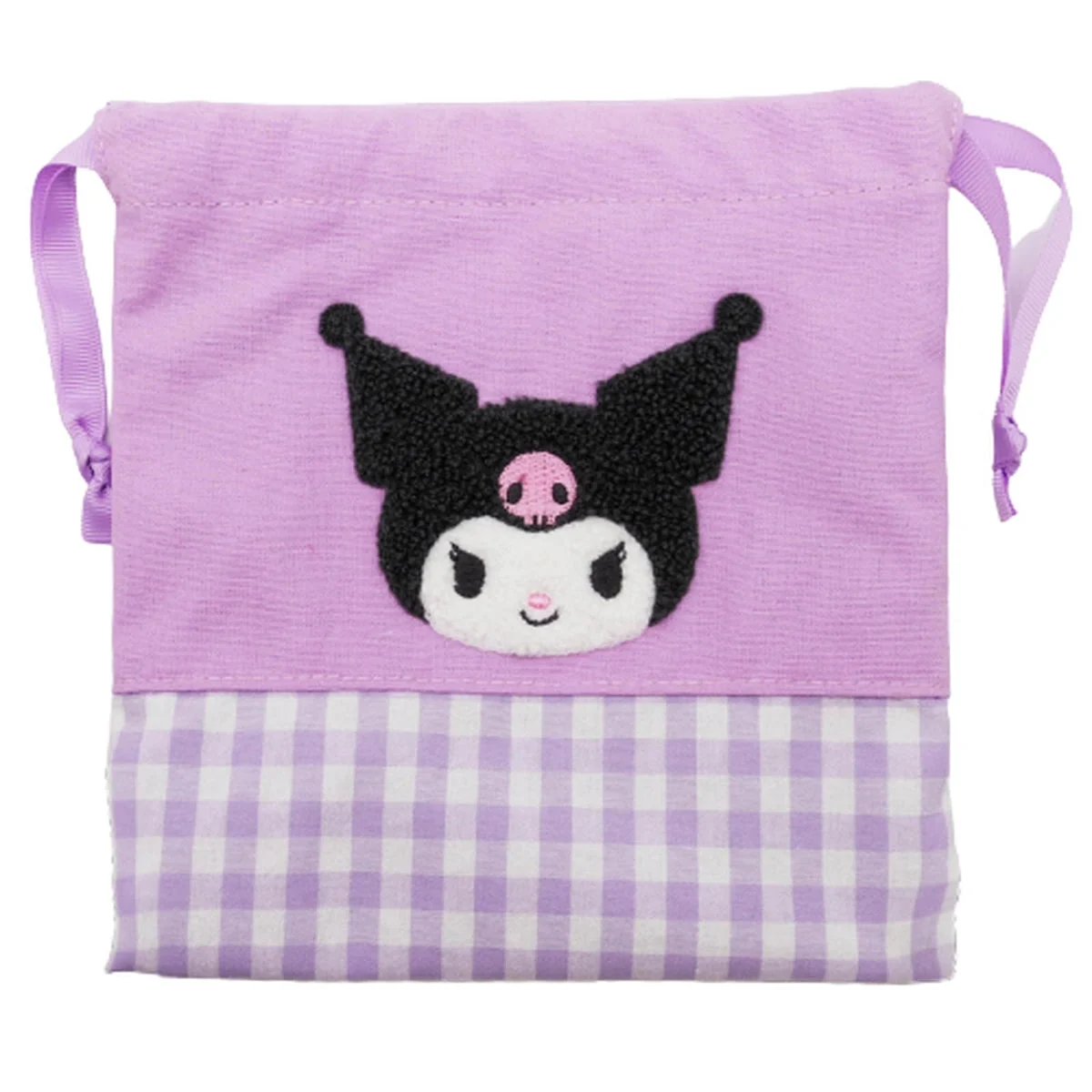 Kuromi sacchetto con coulisse vichy con ricamo in ciniglia in rilievo