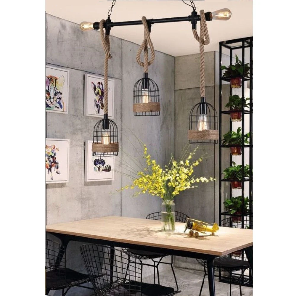 LAMPADARIO A SOSPENSIONE STILE INDUSTRIALE IN METALLO CORDA CANAPA RETRÒ B60-5