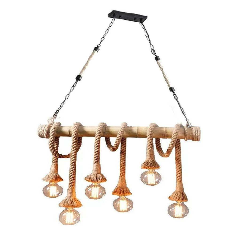 LAMPADARIO COUNTRY 6 PORTALAMPADA E27 LAMPADA SOFFITTO VINTAGE LEGNO CORDA B23-6