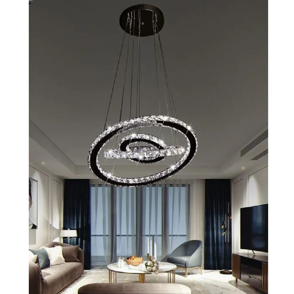 LAMPADARIO LED SOSPENSIONE 55W 3 ANELLI CRISTALLI ACRILICO LUCE 6500K 4000K B50 - TrAdE Shop Traesio