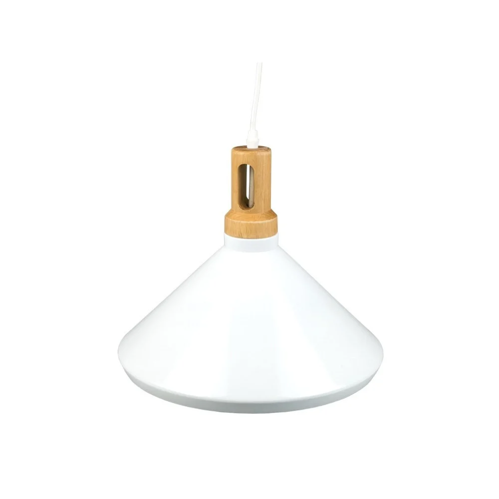 LAMPADARIO PENDENTE LAMPADA A SOSPENSIONE PARABOLA BIANCA BASE IN LEGNO VT-7535