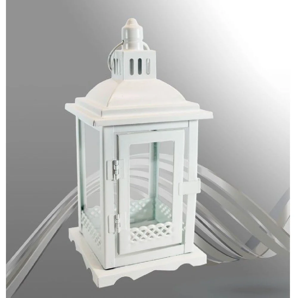 LANTERNA IN METALLO VETRO BIANCO CON CAMINO PORTACANDELA LUMINO 25X12X12CM 94103 - TrAdE Shop Traesio