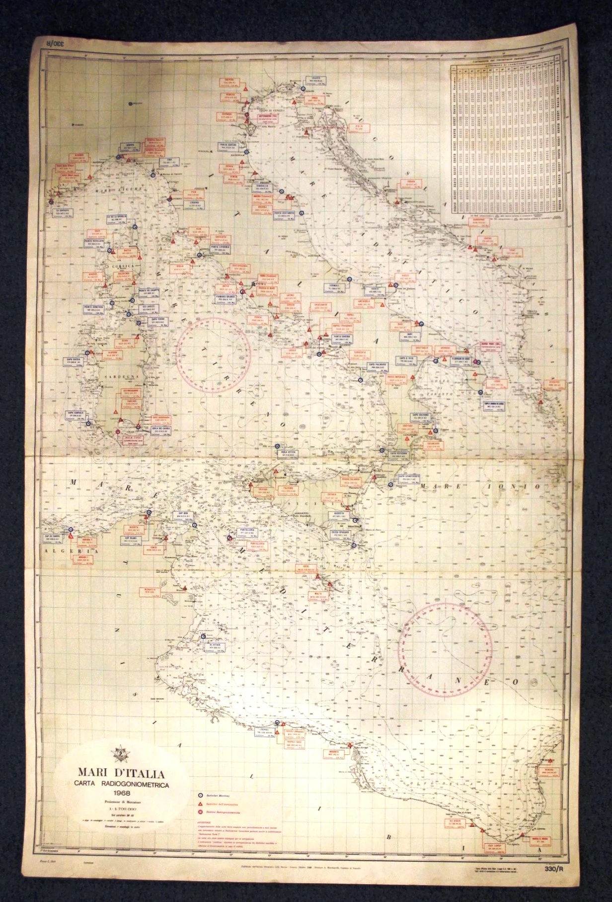 mari d’italia n. 330/r (1968) – carta radiogoniometrica - Carte nautiche, da pesca…
