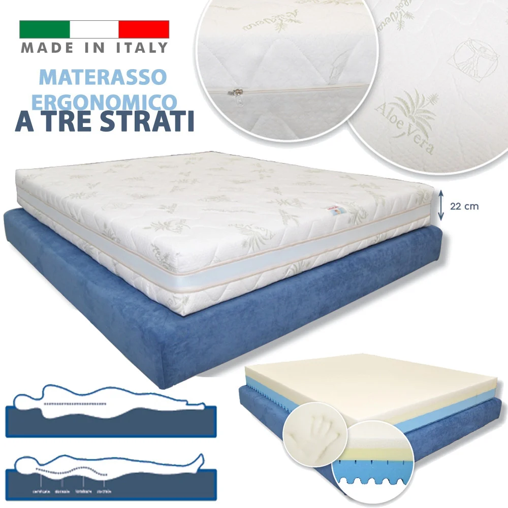 MATERASSO ERGONOMICO A 3 STRATI ALTO 22 CM FOAM E MEMORY ANALLERGICO TRASPIRANTE - TrAdE Shop Traesio