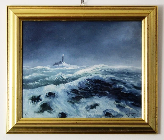 olio su legno “faro di fastnet nella burrasca” - Arredamento marinaresco