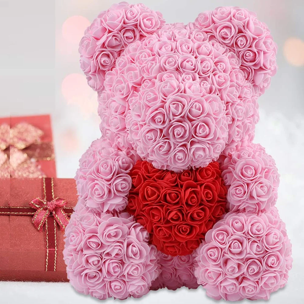 ORSACCHIOTTO ORSETTO ORSO DI ROSE CON FIORI DA 25CM COLORE ROSA CON CUORE ROSSO - TrAdE Shop Traesio