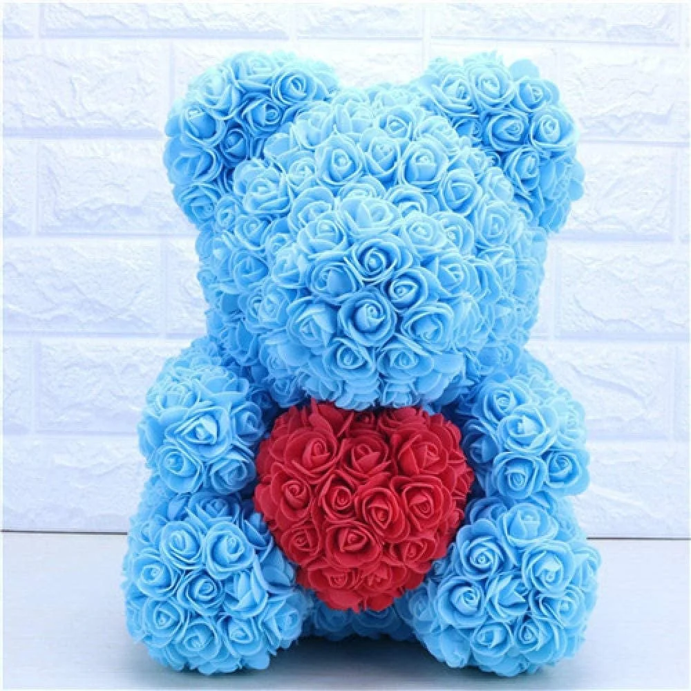 ORSACCHIOTTO ORSETTO ORSO DI ROSE CON FIORI DA 40CM CELESTE CON CUORE ROSSO - TrAdE Shop Traesio