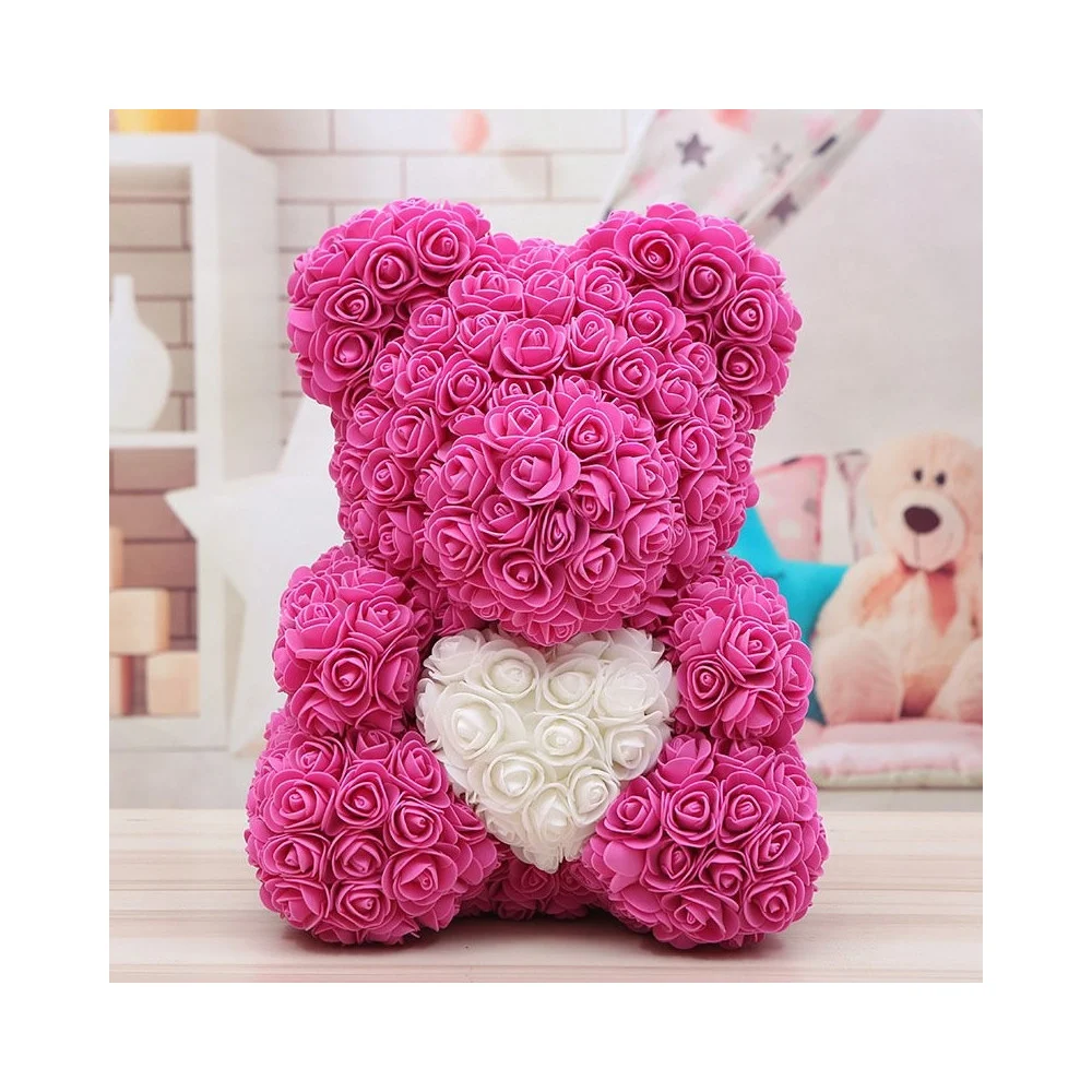 ORSACCHIOTTO ORSETTO ORSO DI ROSE CON FIORI DA 40CM ROSA CON CUORE BIANCO - TrAdE Shop Traesio