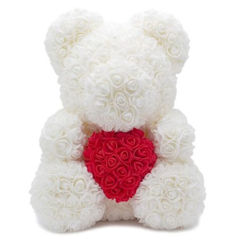 ORSACCHIOTTO ORSETTO ORSO DI ROSE CON FIORI ROSE DA 25CM BIANCO CON CUORE ROSSO - TrAdE Shop Traesio