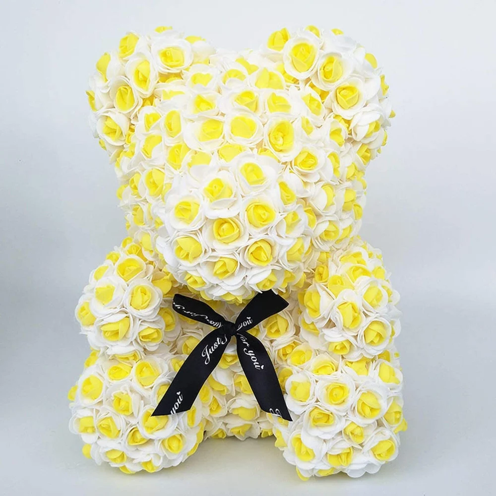 ORSACCHIOTTO ORSETTO ORSO DI ROSE CON FIORI ROSE DA 25CM COLORE GIALLO E BIANCO - TrAdE Shop Traesio